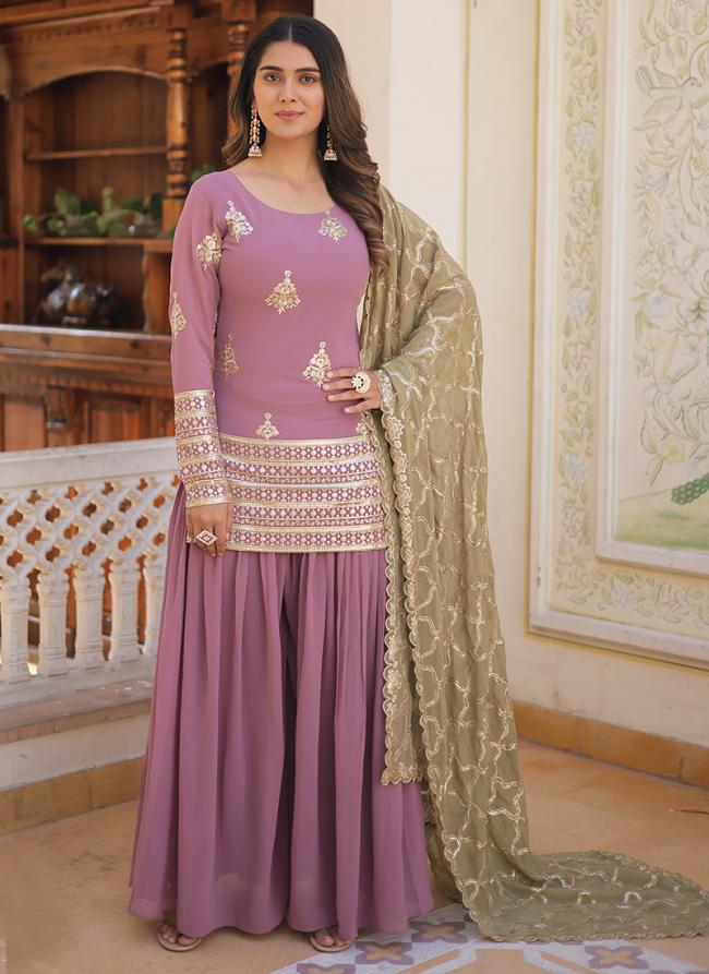 Faux Georgette Lilac Wedding Wear Embroidery Work Readymade Plazzo Suit